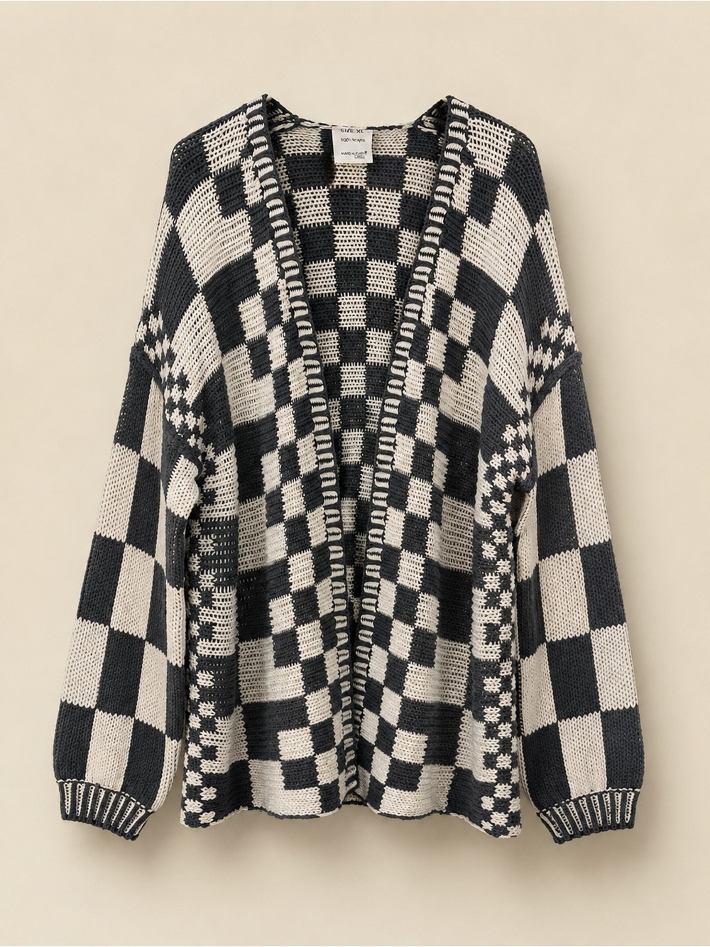 Chunky Black and Cream Checkered Open Cardigan Sweater